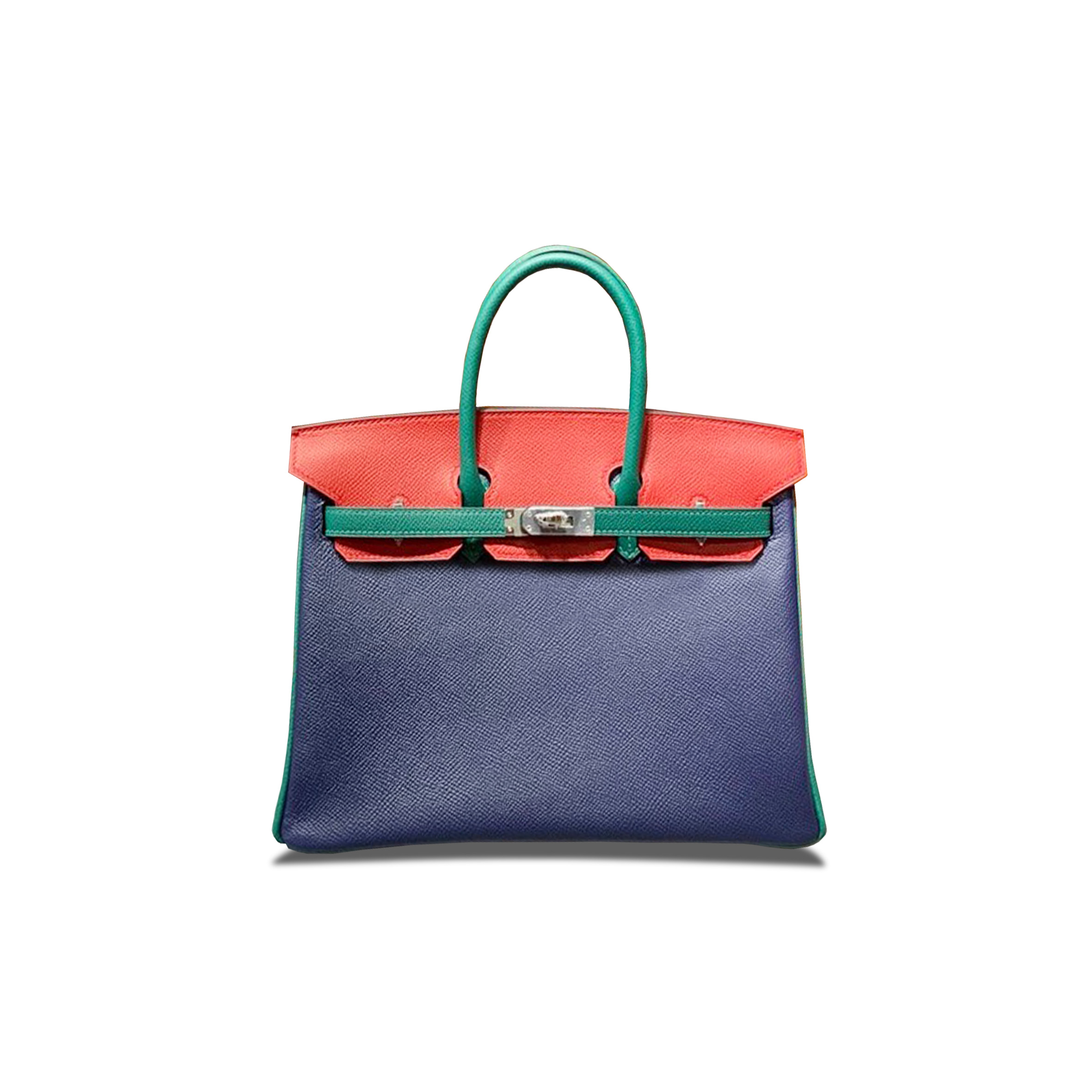 HERMÈS BIRKIN 25 EPSOM SAPPHIRE BLUE MALACHITE GREEN AND BRIGHT RED SILVER BUCKLE H028362CC03 (25*18*13cm)